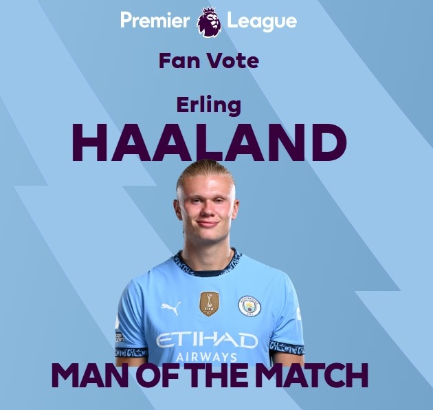  打進致勝球！英超官方：哈蘭德當選曼城1-0熱刺全場最佳球員