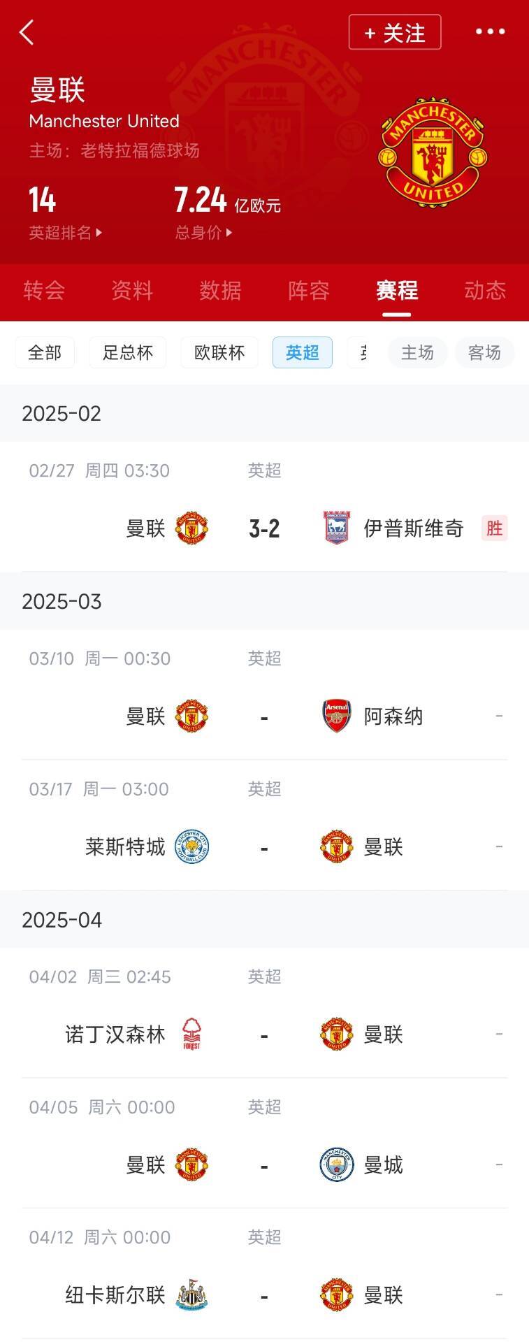 藍狐救一下？曼聯(lián)未來5輪將遭遇英超2/3/4/6名：槍手森林曼城紐卡