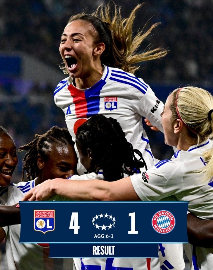  里昂女足4-1大勝拜仁女足，總比分6-1晉級(jí)女足歐冠半決賽
